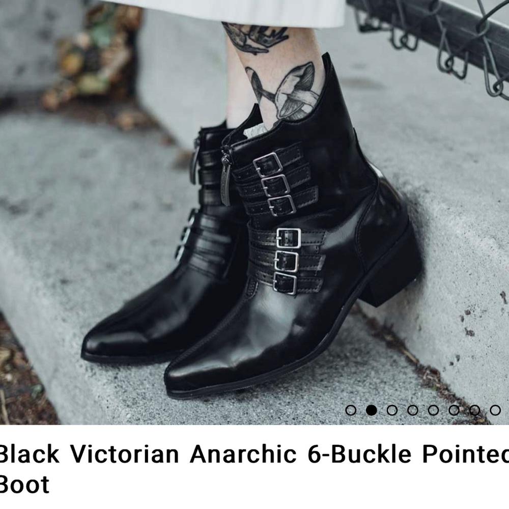 T.U.K. Footwear. Black victorian anarchic 6-buckle pointed boot.
